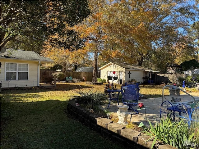 view of yard featuring a patio area and a storage unit