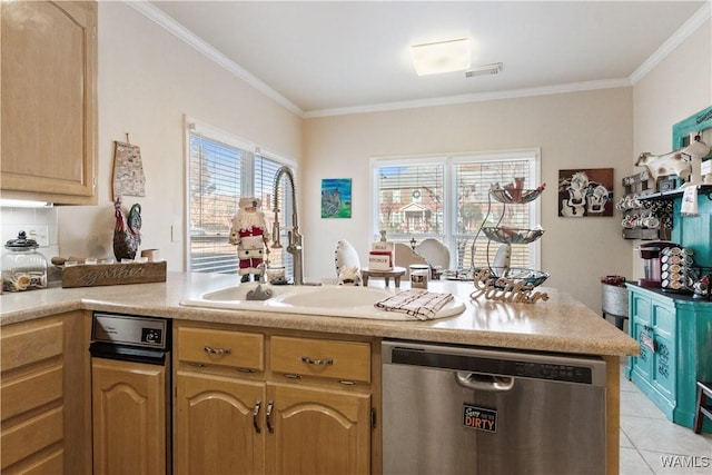 kitchen featuring light tile patterned floors, visible vents, ornamental molding, light countertops, and stainless steel dishwasher