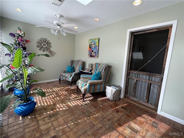 sitting room featuring baseboards, visible vents, ceiling fan, and recessed lighting