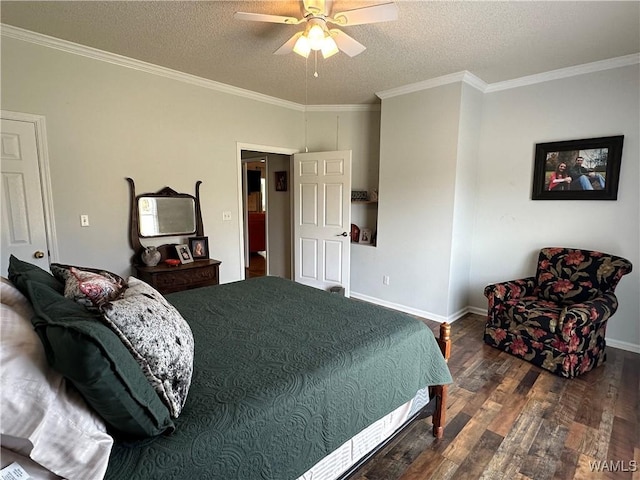 bedroom with dark wood-style flooring, crown molding, and a textured ceiling