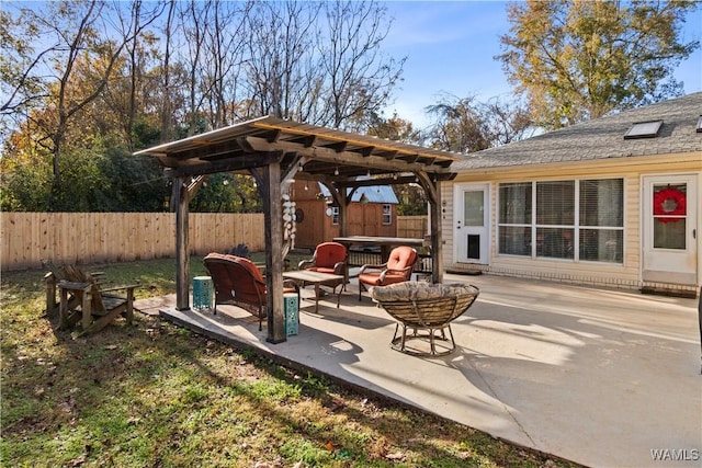 view of patio / terrace with a fenced backyard, an outdoor living space, and a pergola