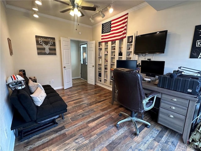 office area with baseboards, ornamental molding, dark wood finished floors, and a ceiling fan