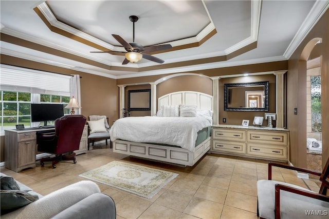 12280 Viewpoint Rd, Northport, AL 35475 - bedroom with arched walkways, a tray ceiling, light tile patterned flooring, and crown molding