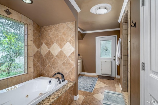 12280 Viewpoint Rd, Northport, AL 35475 - bathroom with plenty of natural light, tile patterned flooring, crown molding, and a whirlpool tub