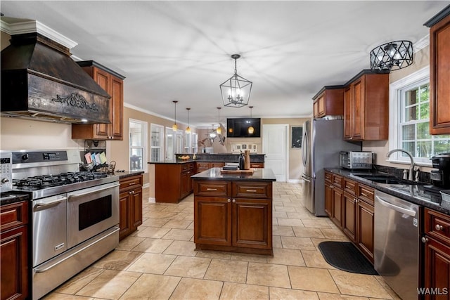 kitchen featuring custom range hood, appliances with stainless steel finishes, a center island, crown molding, and a sink