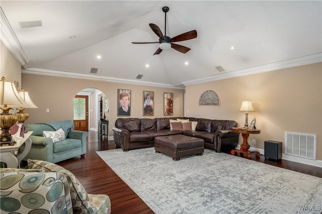 12280 Viewpoint Rd, Northport, AL 35475 - living area with arched walkways, dark wood finished floors, visible vents, and crown molding