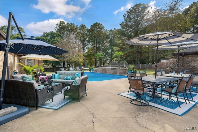 12280 Viewpoint Rd, Northport, AL 35475 - outdoor pool featuring a patio, outdoor dining area, fence, and an outdoor living space