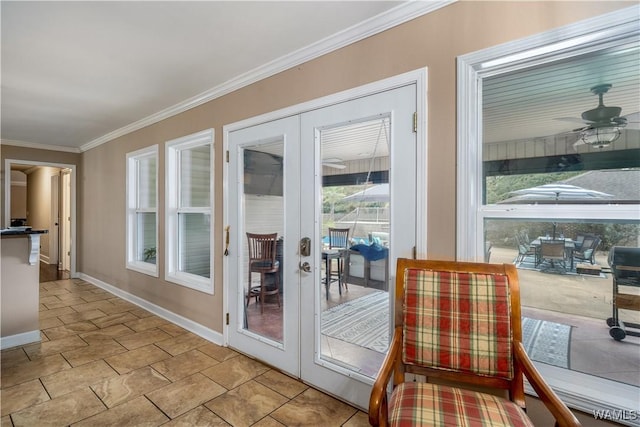 12280 Viewpoint Rd, Northport, AL 35475 - entryway featuring baseboards, ornamental molding, a ceiling fan, and french doors