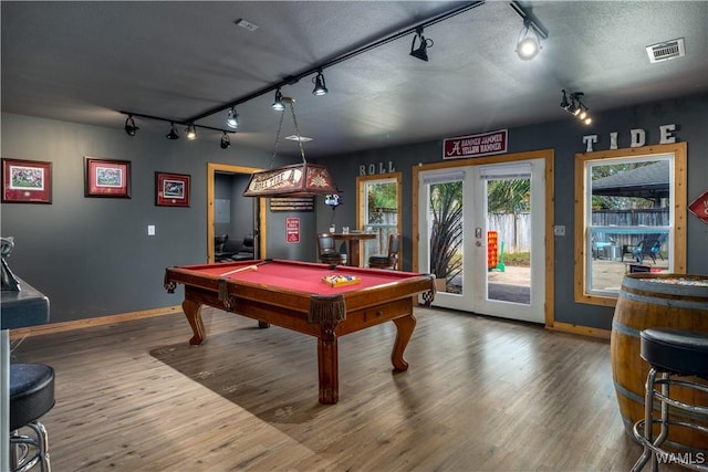 12280 Viewpoint Rd, Northport, AL 35475 - recreation room featuring pool table, wood finished floors, visible vents, baseboards, and french doors