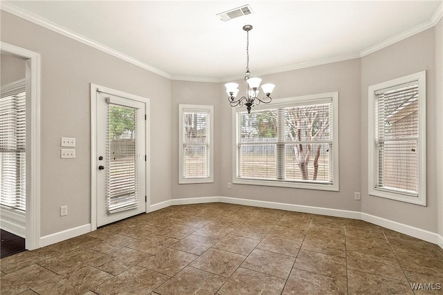 unfurnished dining area featuring an inviting chandelier and crown molding