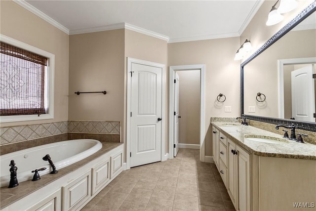 bathroom with vanity, tile patterned flooring, a washtub, and ornamental molding