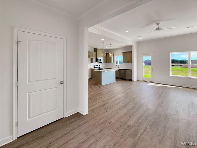 unfurnished living room with ceiling fan, a wealth of natural light, and wood-type flooring