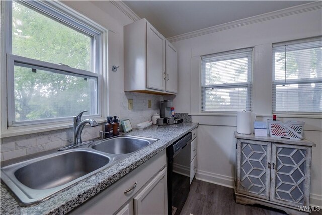 3216 34th Ave, Northport, AL 35476 - kitchen featuring black dishwasher, a sink, plenty of natural light, dark wood-style floors, and ornamental molding