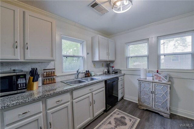 3216 34th Ave, Northport, AL 35476 - kitchen featuring stainless steel microwave, black dishwasher, a sink, healthy amount of natural light, and ornamental molding