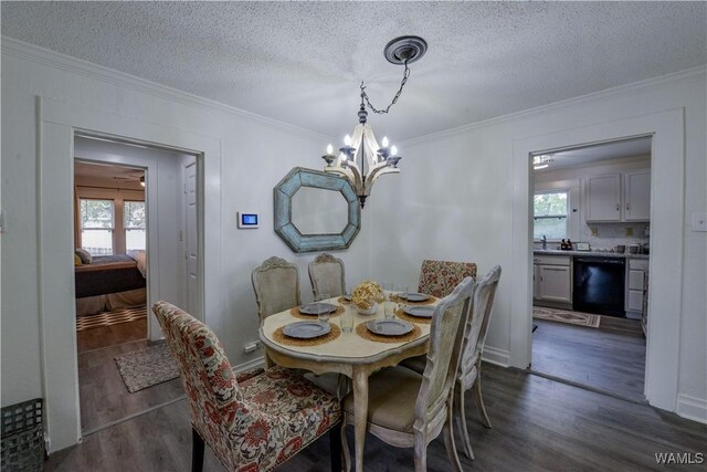 3216 34th Ave, Northport, AL 35476 - dining space with ornamental molding, dark wood finished floors, a chandelier, and a textured ceiling