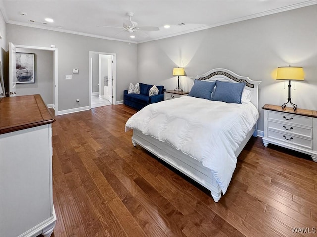 bedroom with ornamental molding, wood finished floors, recessed lighting, connected bathroom, and baseboards