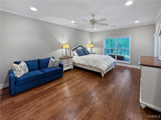 bedroom with baseboards, recessed lighting, dark wood-style flooring, and ornamental molding