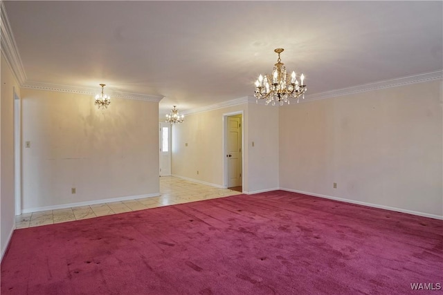 carpeted empty room featuring crown molding and a chandelier