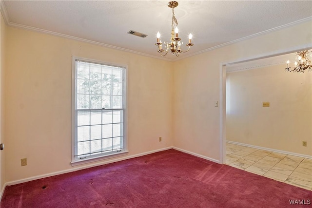 empty room featuring crown molding, carpet, and a chandelier