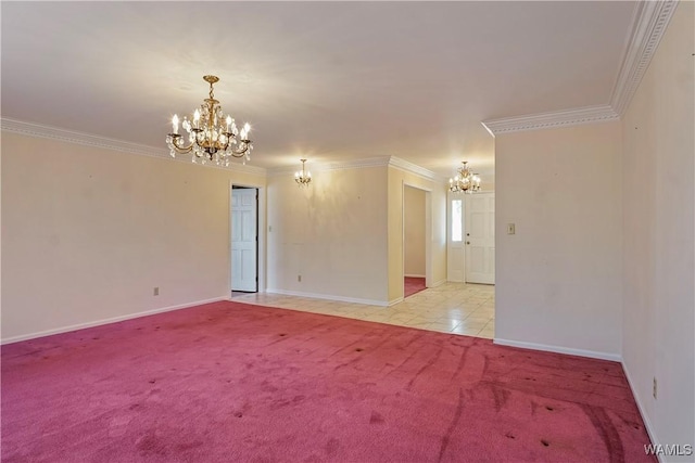 carpeted empty room featuring an inviting chandelier and crown molding