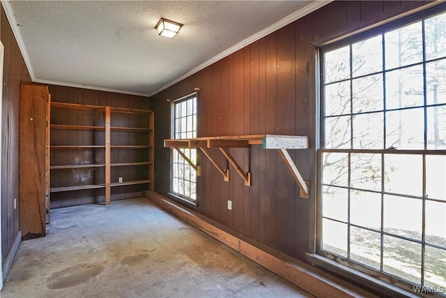 interior space featuring crown molding, plenty of natural light, and wood walls