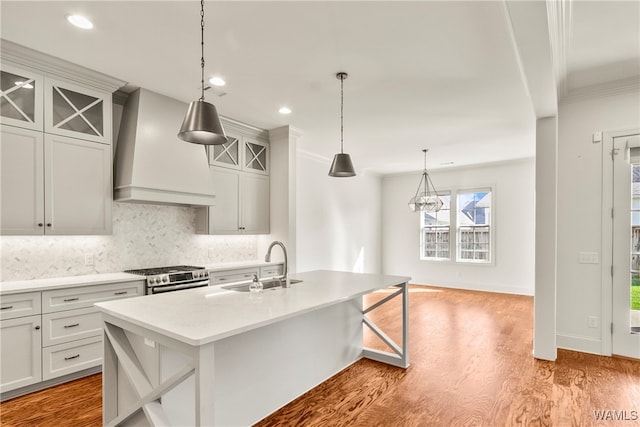 kitchen with sink, an island with sink, light hardwood / wood-style floors, stainless steel stove, and custom exhaust hood