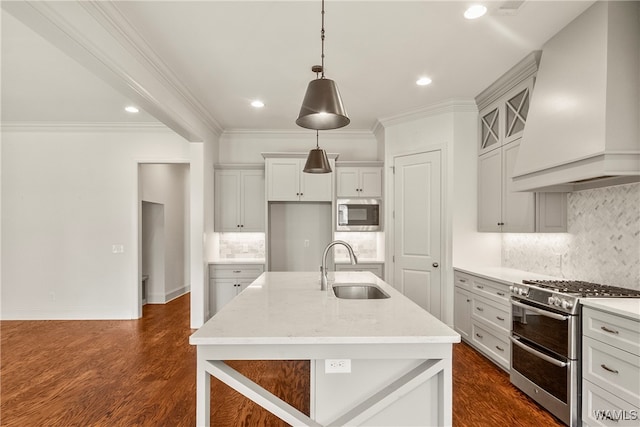 kitchen featuring custom range hood, stainless steel appliances, dark wood-type flooring, and sink