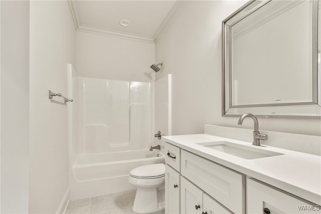 full bathroom featuring tile patterned flooring, toilet, vanity, shower / bathtub combination, and ornamental molding