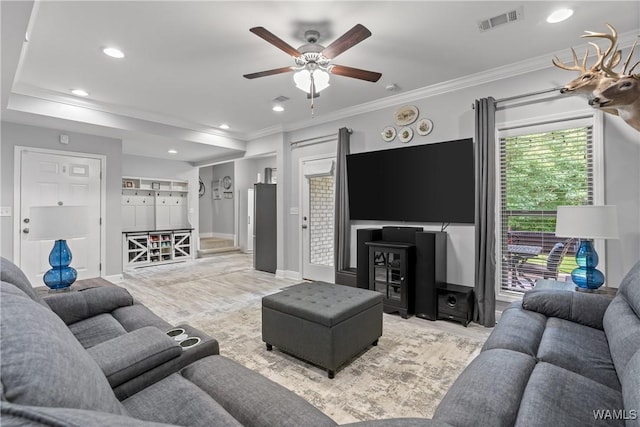 10488 Nicole St, Vance, AL 35490 - living area featuring crown molding, a ceiling fan, light wood-style flooring, and recessed lighting