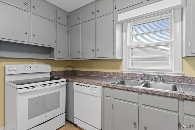 kitchen with gray cabinetry, sink, and white appliances