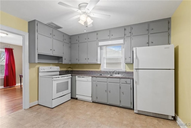 kitchen featuring sink, white appliances, gray cabinets, and plenty of natural light