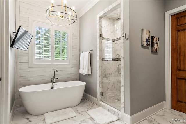 10300 Legacy Ln, Northport, AL 35475 - bathroom with marble finish floors, baseboards, a shower stall, a freestanding bath, and crown molding