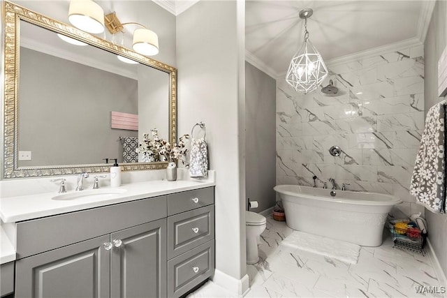 10300 Legacy Ln, Northport, AL 35475 - bathroom with crown molding, marble finish flooring, a soaking tub, vanity, and tile walls