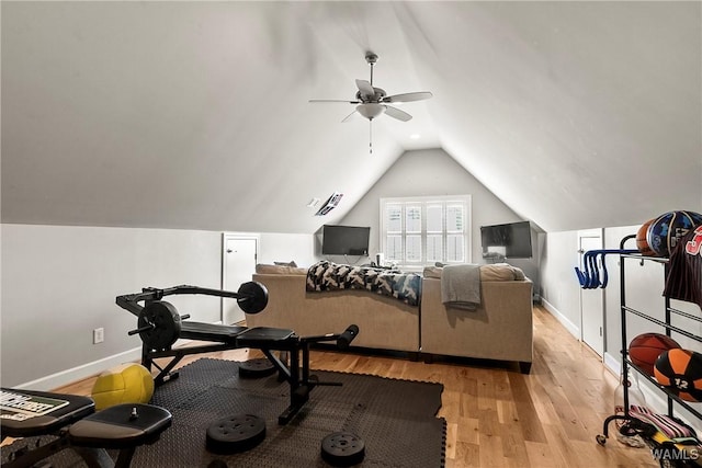 10300 Legacy Ln, Northport, AL 35475 - workout area with ceiling fan, lofted ceiling, light wood finished floors, and baseboards