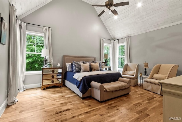 10300 Legacy Ln, Northport, AL 35475 - bedroom with wooden ceiling, light wood-type flooring, baseboards, high vaulted ceiling, and a ceiling fan