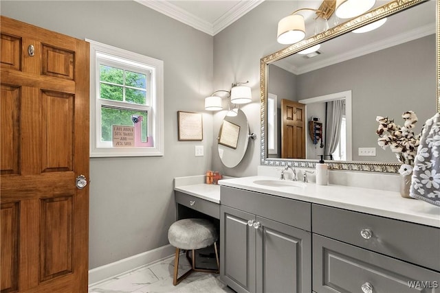 10300 Legacy Ln, Northport, AL 35475 - bathroom featuring marble finish floors, baseboards, crown molding, and vanity