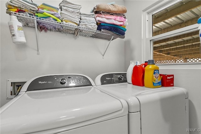 clothes washing area featuring laundry area and washer and clothes dryer