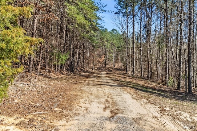 view of street with a wooded view