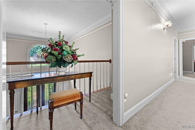11147 Mountain Park Cir, Tuscaloosa, AL 35405 - hallway with carpet floors, ornamental molding, a textured ceiling, and baseboards