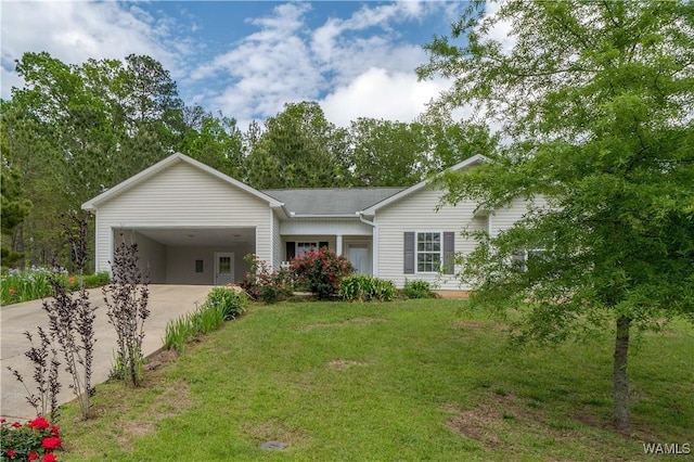 single story home featuring driveway, a front yard, and a carport