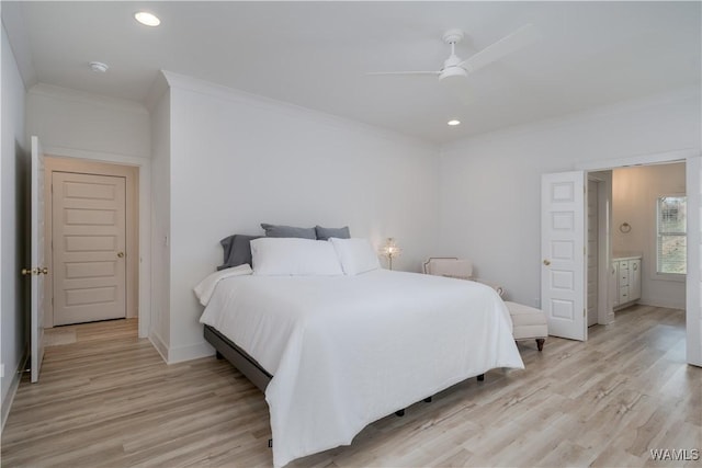 bedroom with ceiling fan, light wood-style flooring, recessed lighting, baseboards, and ornamental molding