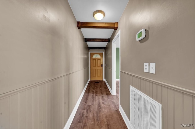44 Maddox Rd, Nauvoo, AL 35578 - corridor featuring beamed ceiling, dark wood-style flooring, and visible vents