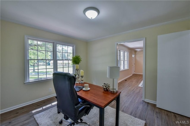 office area with ornamental molding, baseboards, and wood finished floors