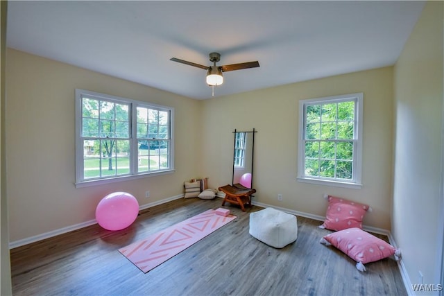 exercise area with a ceiling fan, baseboards, and wood finished floors