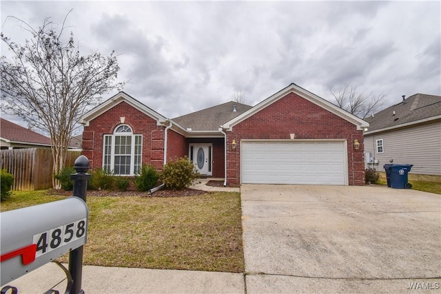 ranch-style home with brick siding, an attached garage, fence, driveway, and a front lawn