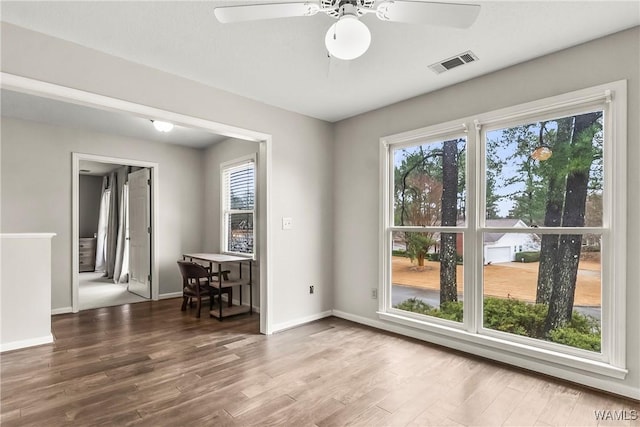 spare room with ceiling fan, plenty of natural light, and wood-type flooring