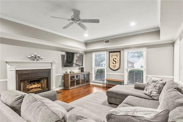 living room featuring a tray ceiling, ceiling fan, ornamental molding, and hardwood / wood-style flooring