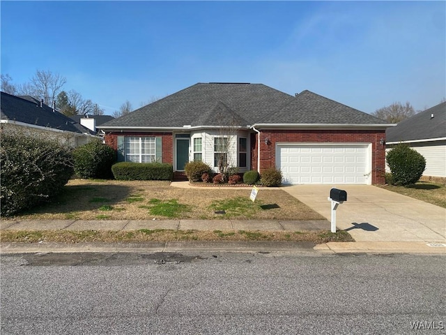 view of front of property featuring brick siding, driveway, an attached garage, and roof with shingles