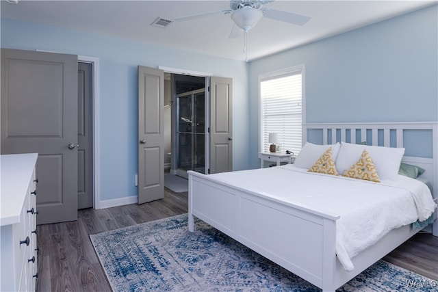 bedroom featuring dark hardwood / wood-style floors and ceiling fan