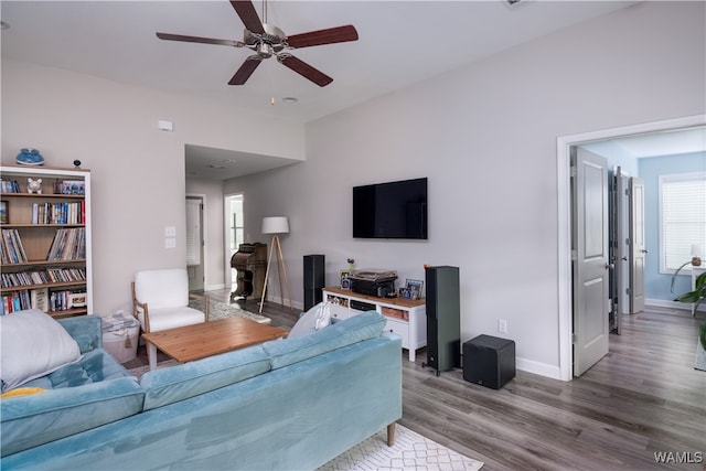 living room with ceiling fan and wood-type flooring